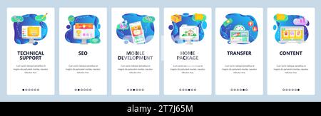 Onboarding für Website und mobile App. Vektorvorlage für Menübanner für die Website- und Anwendungsentwicklung. Technischer Support, SEO, Mobile Entwickler Stock Vektor