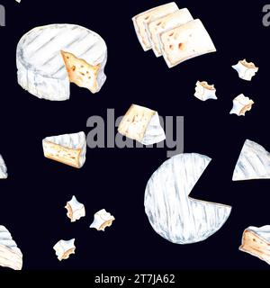 Nahtloses Muster mit Brie-Käse. Handgezeichnete Aquarellillustration zum Einwickeln von Tapeten Stoff Textil Stockfoto