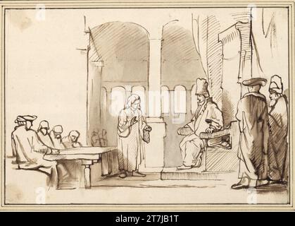 Anonym der zwölfjährige Jesus im Tempel. Feder in Braun, Braun und Grau. (Spuren über dem Tisch); bräunlich dreckig in den Ecken. Mitte 17. Jahrhundert Stockfoto