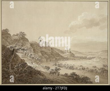 Adrian Zingg die Ruine Rudelsburg an der Saale bei Bad Kösen, inmitten der beiden Bergfriedensruine Saaleck. Stift und Pinsel in Braun, großzügigste 2. Hälfte 18., Beginn 19. Jahrhundert Stockfoto