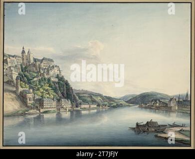 Christian Georg Schütz Ehrenbreitstein am Rhein mit der Festung, gegenüber Koblenz, flussaufwärts gesehen. Feder in schwarz, schwarze Kreide, Aquarell; Schwarze Randlinie vor 1801 Stockfoto