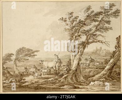 Philipp Jakob Loutherbourg (der Jüngere) Landschaft mit Vieh. Bürste in Braun, laviert, über schwarzer Kreide Stockfoto