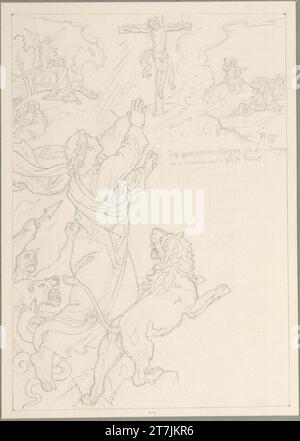 Josef von Führich 23. Psalm 120: Zuflucht für die Berge, ein von wilden Tieren überstürzter Mensch flieht in die heiligen Berge, links oben am Ölberg, rechts die Bergpredigt, mitten im Calvarienberg. Bleistift Stockfoto