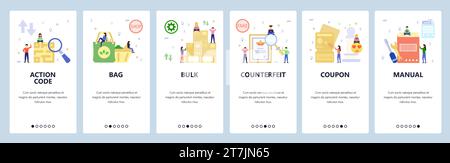 Onboarding-Bildschirme für mobile Apps. Reiseführer, QR-Code, Lager, gefälschtes Zertifikat. Menüvektorbanner-Vorlage für Website- und mobile Entwicklung. Web-Seite Stock Vektor