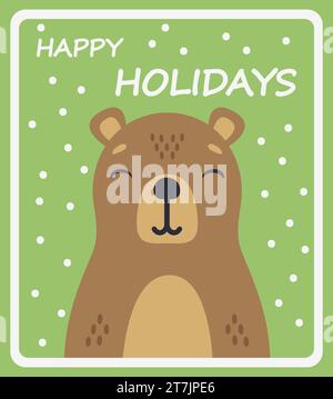 Süße Capybara auf einem grünen, schneebedeckten Hintergrund. Cartoon-Winterposter. Vektorpostkarte Stock Vektor