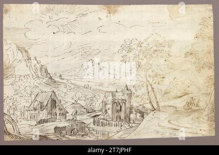 Anonym Mountain Flusslandschaft mit Haus und Schloss. Feder in Braun, über schwarzer Kreide; Wasserschaden im Re. Drittens (gelblich aufgehellt); bräunlicher Schmutz an den Kanten und in den Ecken; unregelmäßig geschnittene Kanten. Stockfoto