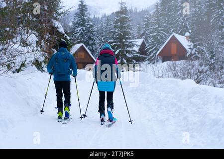 Zwei Personen fahren auf einem schneebedeckten Pfad durch eine Winterlandschaft. Sie tragen Winterkleidung und Skistöcke Stockfoto