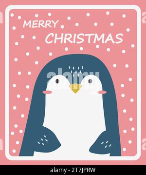 Niedlicher Pinguin auf einem rosa schneebedeckten Hintergrund. Cartoon-Winterposter. Vektorpostkarte Stock Vektor