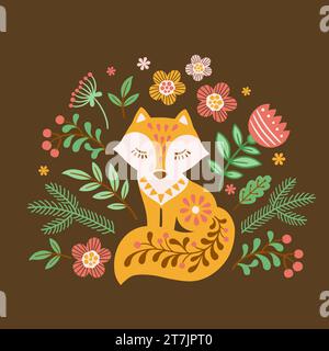 Vektorhandgezeichnete Illustration von Tieren im nordischen Stil Lagom. Silhouette eines rot gemusterten Fuchs zwischen Blumen auf dunkelblauem Hintergrund Stock Vektor