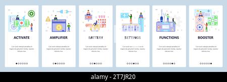Onboarding-Bildschirme für mobile Apps. Tragbare Spielekonsole, Akku, Audioverstärker. Menüvektorbanner-Vorlage für Website- und mobile Entwicklung. Web Stock Vektor