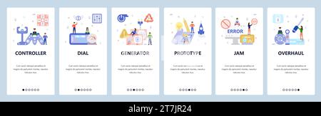 Onboarding-Bildschirme für mobile Apps. Computerfehler, Hardware-Reparatur, Prototyp, VR-Koncole, Gaming-Controller. Vektorbanner-Vorlage für Website und Mobiltelefon Stock Vektor