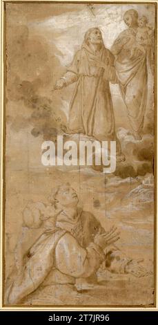 Anonym Heiliger Franziskus empfiehlt der Madonna mit dem Kind zwei Brüder seines Ordens. Feder; laviert; weiß gewachsen; Radfahren, Quadratieren; braunes Papier Ende des 16. Jahrhundert Stockfoto