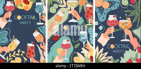 Banner mit verschiedenen Cocktails. Die Kollektion umfasst klassische alkoholische und alkoholfreie Getränke in einer Vielzahl von Gläsern, die für Menüs und verschiedene Feiern geeignet sind.Vector. Stock Vektor