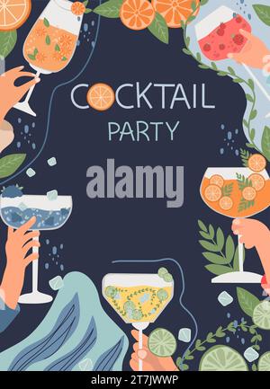 Vektorset mit verschiedenen Cocktails in flachem Design. Die Kollektion umfasst klassische Getränke in verschiedenen Gläsern, die für Menüs geeignet sind. Bietet sowohl alkoholfreie als auch alkoholische Getränke für Feiertage Stock Vektor