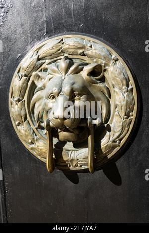 Nahaufnahme des Ornate Brass Lion Head Door Knocker, 2023, NYC, USA Stockfoto