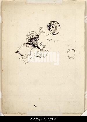 Eugène Delacroix Sketch Sheet mit drei Kopfstudien und einer halben Figur für "die Ermordung des Bischofs von Lüttich". Rohrfeder in Braun abgerissen, die untere Kante, die andere unregelmäßig abgeschnitten um 1829 Stockfoto