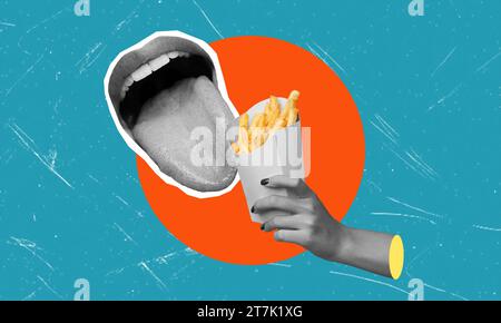 Der Mund isst Pommes frites. Zeitgenössische Kunstcollage. Food-Konzept, Geschmack, Surrealismus, Kreativität, Fast Food. Pop-Art-Stil. Poster, Werbung Stockfoto