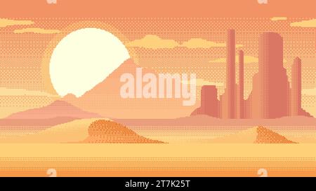 Pixelkunst Wüstenlandschaft. 8-Bit-Videospiel-Arkadenebene mit Sandbergen und Sonnenuntergang. Retro-Pixel-Zeichentricklandschaft von Arizona oder Texas Deser Stock Vektor