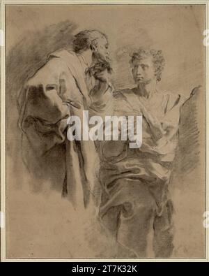 Gaetano Gandolfi Ein Barttiger steht einem jungen Mann in der Vorderansicht im Profil rechts gegenüber, der einen Becher in der Hand hält (Knie). Kreide; abgewischt; weiß gewachsen; bräunliches Papier Stockfoto