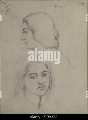 Teutwart Schmitson zwei Kopfstudien einer Frau, eine im Profil links, die andere aus dem Bild. Schwarzkreide 13.7.1862, 13. 07. 1862 Stockfoto