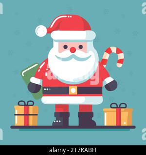 weihnachtsmann mit Geschenkvektor, Box Geschenke liegen um den Boden, glückliche weihnachtsfigur hält Überraschungsgeschenk auf der Rückseite Frohe Happy christmas des Stock Vektor