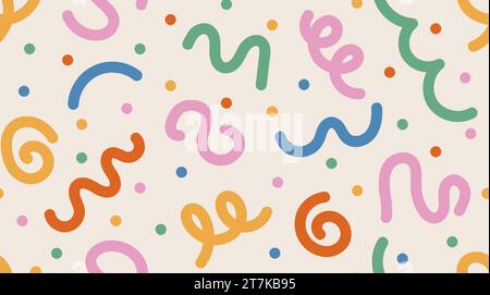 Lustiger farbenfroher abstrakter Hintergrund im Doodle-Stil. Kreatives minimalistisches, von Hand gezeichnetes nahtloses Muster mit leuchtenden, niedlichen Elementen. Zufällige bunte Wirbel Stock Vektor