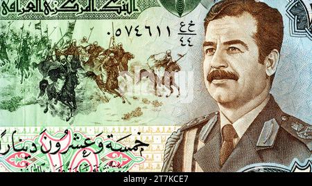 Saddam Hussein (1937-2006) Porträt auf der 25-Dinar-Banknote Irak Stockfoto