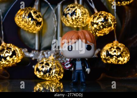 Funko Pop Actionfigur von Ron Weasley mit Brüller aus dem Film Harry Potter und die Kammer der Geheimnisse. Halloween Kürbislichter, dunkler Palast, Magie. Stockfoto