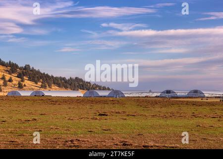 Hinter einem Ackerfeld befinden sich mehrere Kartoffelkeller und eine Bewässerungspivot am Fuße eines Berges unter bewölktem Himmel im Südosten von Orego Stockfoto