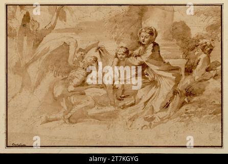 Giovanni Francesco Castiglione Heilige Familie mit zwei Engeln vor der Basis einer Säule in freier Landschaft. Feder, Tinte, lavt Stockfoto