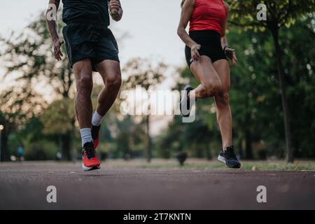 Aktives Paar, das abends im Park joggen kann. Stockfoto