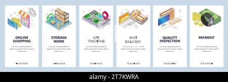 Onboarding-Bildschirme für mobile Apps. Online-Shopping, Smart Watch, drahtlose Zahlungen, Lager, Lieferung, gps-Tracking. Menüvektorbanner-Vorlage für Web Stock Vektor