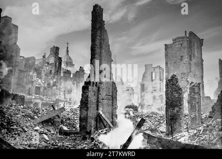 Die Schäden, die während der Luftangriffe der Luftwaffe während des Zweiten Weltkriegs und in der zweiten Hälfte des Jahres 1940 entstanden sind. Das Bild vom Morgen des 29. Dezember 1940 zeigt den Paternoster Square und die entfernte Figur des Richters, die noch immer auf dem Old Bailey steht. Stockfoto