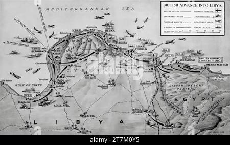 Eine Karte des Zweiten Weltkriegs, die britische Vorstöße in Libyen veranschaulicht, die im Dezember 1940 begann und in der Eroberung von Bengasi am 6. Februar 1941 gipfelte. Stockfoto