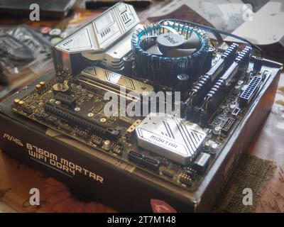 Motherboard der Multimedia-Karte eines Desktop-Computers.Motherboard mit Prozessor und Kühlkörper, RAM- und SSD-Speicher. Technologie Stockfoto