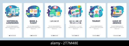 Onboarding-Bildschirme für mobile Apps. Reisen, Flug buchen, Rucksackreisen, Touristen. Menüvektorbanner-Vorlage für Website- und mobile Entwicklung. Website DE Stock Vektor