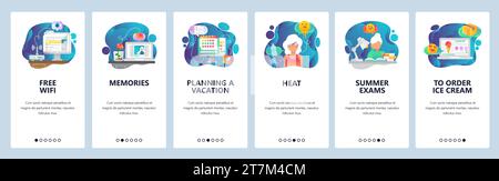 Onboarding-Bildschirme für mobile Apps. Sommerurlaub am Strand, Büroangestellter träumt von Urlaub. Menüvektorbanner-Vorlage für Website und Mobilgerät d Stock Vektor