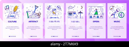 Onboarding-Bildschirme für mobile Apps. Weltkultur und Kunst, Literatur, Theater, Musik. Menüvektorbanner-Vorlage für Website- und mobile Entwicklung. Web Stock Vektor