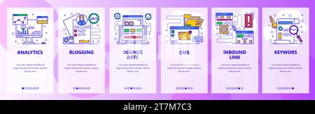 Onboarding-Bildschirme für mobile Apps. Online-Marketing, Digital, Analytics, Keywords. Menüvektorbanner-Vorlage für Website- und mobile Entwicklung. Web Sit Stock Vektor