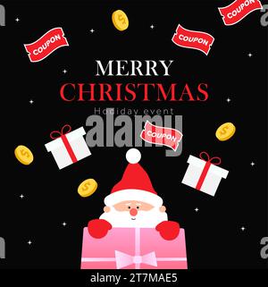 Merry Christmas Sale Discount Event Werbebanner Vorlage mit niedlichem Weihnachtsmann, Geschenkbox, Coupons, Münzen, isoliert auf dunklem Hintergrund. Geschenkgutschein für besondere Weihnachten. Flache Vektorkonstruktion. Vektorabbildung Stock Vektor