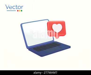 3D-Notebook mit Like- oder Love-Symbol. Marketing-Konzept für soziale Medien. Herz-Emoji-Sprechblase. Nachricht des sozialen Netzwerks auf dem Computerbildschirm. Zeichentricksymbol, Symbol isoliert auf weißem Hintergrund. 3D-Vektor. Vektorabbildung Stock Vektor