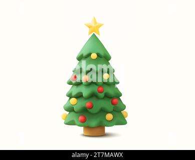 3D süßer weihnachtsbaum mit bunten Ornamenten, goldener Stern oben, isoliert auf weißem Hintergrund. 3D gerendertes weihnachtsbaumsymbol. Vektorabbildung. Vektorabbildung Stock Vektor