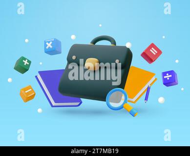 3D primäres mathematisches Lehrkonzept mit Aktenkoffer, Notizbuch, grundlegendes mathematisches Berechnungssymbol in Würfelform, Plus und Minus, Multiplikation und Division, gleich, Lupe. 3D-Vektor-Illustration. Vektorabbildung Stock Vektor