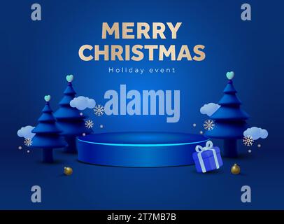 3D Merry christmas Werbeproduktszene mit Bühne, Podium, Kiefern, Geschenkbox, Schnee. Geschenkgutschein für Weihnachtsgeschenke. Neues Konzept für die Produkteinführung im Winter. 3D-Vektordarstellung. Vektorabbildung Stock Vektor
