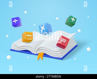 3D primäres mathematisches Lernkonzept mit geöffnetem Handbuch, grundlegendes mathematisches Berechnungssymbol in Würfelform, Plus und Minus, Multiplikation und Division, gleich, isoliert im Hintergrund. 3D-Vektor-Illustration. Vektorabbildung Stock Vektor
