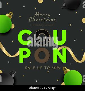 Premium Merry christmas Werbebanner Vorlage mit weihnachtsschmuck. Sonderpreis für Rabattveranstaltung, Rabatt auf bis zu 50 %-Gutschein, Geschenkgutschein. Vektorabbildung. Vektorabbildung Stock Vektor