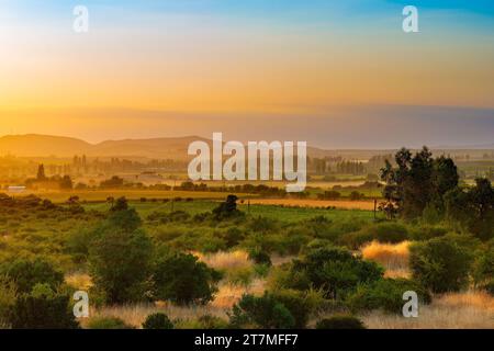 In den Feldern und Bauernhöfen an Region del Maule in Chile Dawn Stockfoto