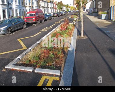 Flutgärten in der Brooke Street, Walthamstow, London, Großbritannien. Ein nachhaltiges städtisches Entwässerungssystem (SUDS) zur Aufnahme von Abwasser bei starkem Regen. Stockfoto