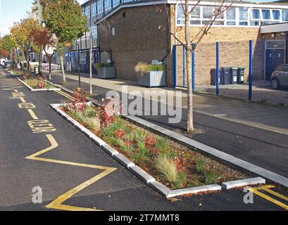 Flutgärten in der Brooke Street, Walthamstow, London, Großbritannien. Ein nachhaltiges städtisches Entwässerungssystem (SUDS) zur Aufnahme von Abwasser bei starkem Regen. Stockfoto