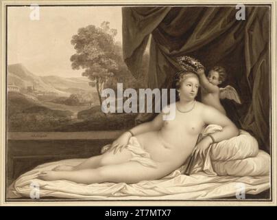 Friedrich Siegmund August Nachtigall Kopie an Tizian: Ruhende Venus vor einer Landschaft, gekrönt mit einem Blumenkranz aus Amor. Pinsel in Braun, über Spuren von Bleistiften Ende 18., Anfang 19. Jahrhundert Stockfoto